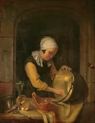 Eine alte Frau, die einen Topf scheuert, ca. 1660